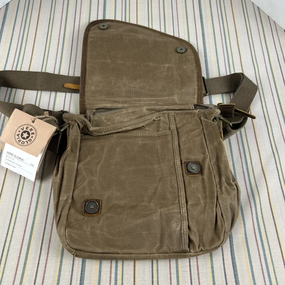 NEW Vere Gloria Crossbody Handbag Leather Canvas Brown Womens Boho Gorpcore